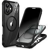 CENHUFO Magnetic Privacy for iPhone 16 Case [Compatible with Magsafe] Full Body Phone Case Built-in 9H Tempered Glass Privacy Screen Protector and Camera Lens Cover, Shockproof Bumper Clear -Black