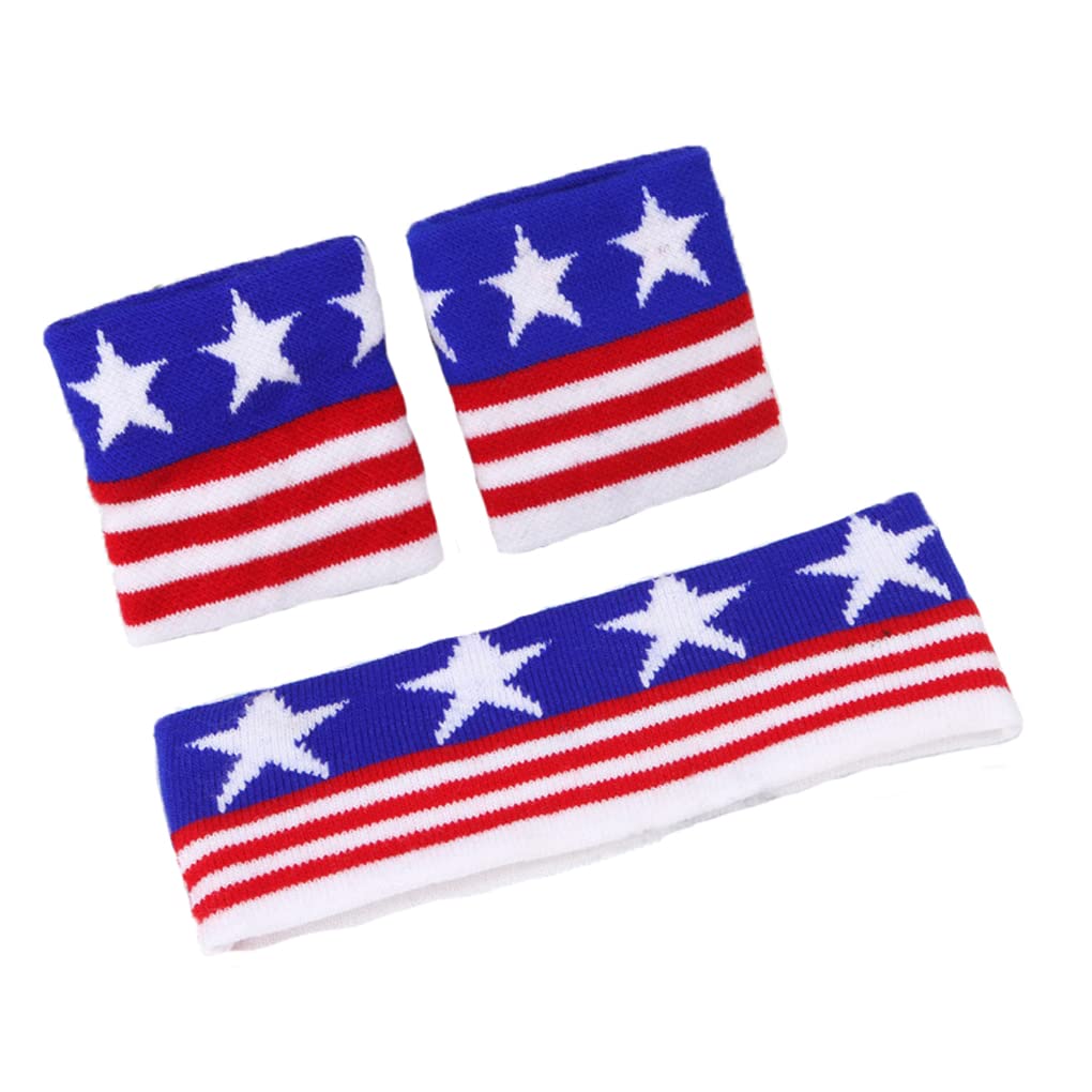 3 Pcs Patriotic Sweatband Set American Flag Head Band Wrist Sweatbands for Men Women, Moisture Wicking Wristband Headband for Yoga Dance Workout Gym Fitness Basketball