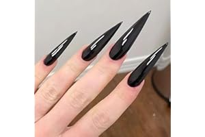 RIICFDD 24 Pcs Halloween Press on Nails Long Stiletto Black Fake Nails Solid Color Designs Nightmare Before Christmas Nails Glossy Full Cover False Nails with Glue on Nails for Women Girls Halloween Nails