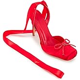 GOGD Satin Ballet Heels Lace Up Closed Square Toe Stiletto High Bow Ballerina Slingback Pumps Strappy Mary Jane Elegant Shoes