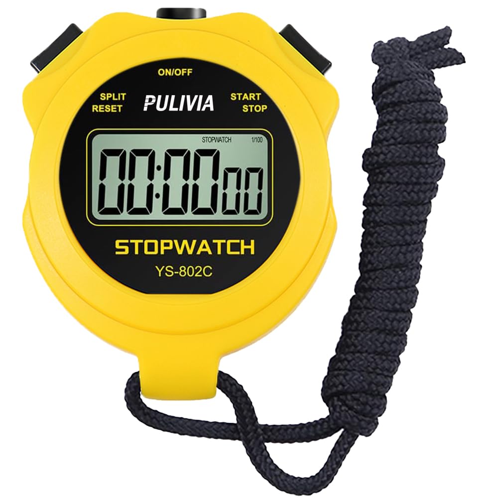 Digital Stopwatch Timer Only Stopwatch Mode, ON/OFF No Bell No Whistle Silent Basic Operation Children Friendly, PULIVIA Sport Stop watch for Coaches Kids Swimming Running, Yellow