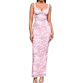 HTZMO Women Summer Floral Bodycon Maxi Dress V Neck Halter Sleeveless Casual Wedding Guest Party Elegant Long Dresses