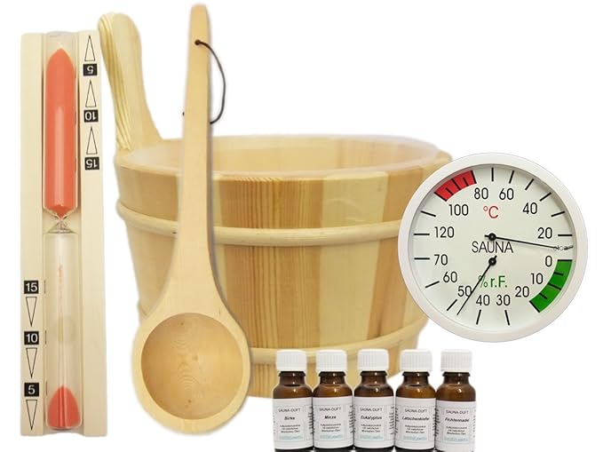 Saunazubehör Saunakübel Saunaset Saunakelle Aufguss Sanduhr Sauna Set 10-teilig