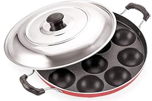 Swarambh Aluminium 12 Cavity Non Stick Appam Patra / Ponganalu Pan Appe Maker Apam Pan With Stainless Steel Lid & Two Side Ha