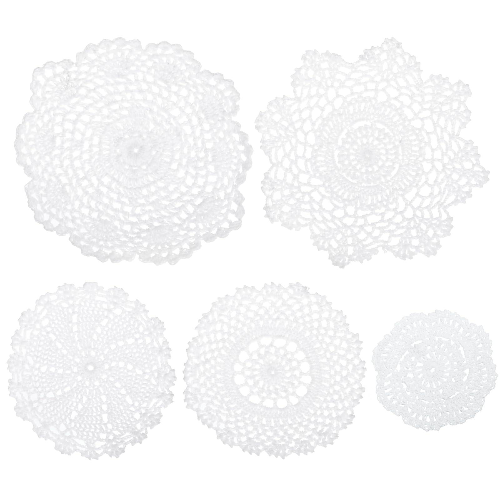 Uxcell Fabric Coasters, 5pcs 3 Sizes - Cotton Woven Crochet Doilies, Lace Embroidery Cup Mat with Floral Pattern for Wedding Party Decoration (White)