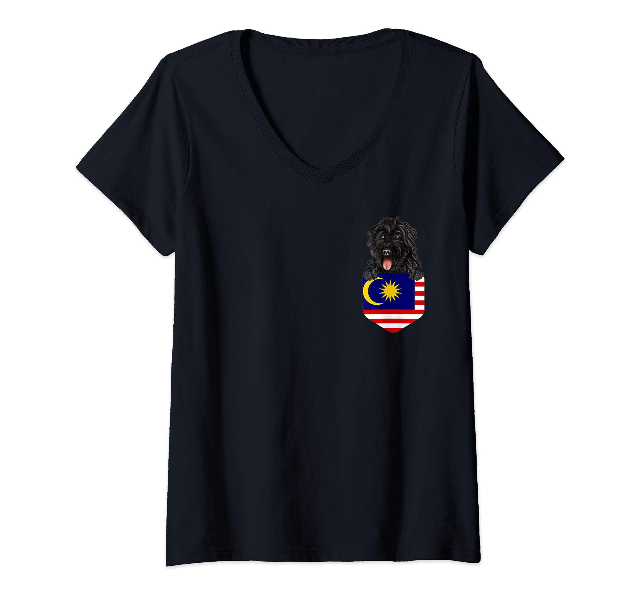 Womens Malaysia Flag Bouvier des Flandres Dog In Pocket V-Neck T-Shirt