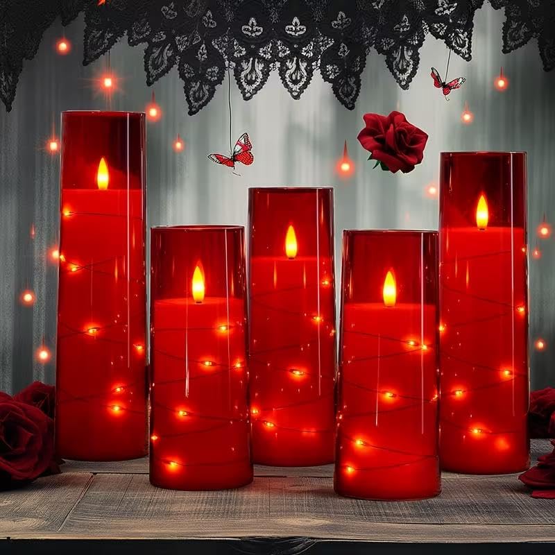 Photo 1 of Enido 10 Pc Flameless LED Candles with Remote & Timer, Battery Operated Acrylic Pillar Set, Flickering Electric Lights with Embedded Star String for Cozy Home & Holiday Romantic Decor (Matte Red)