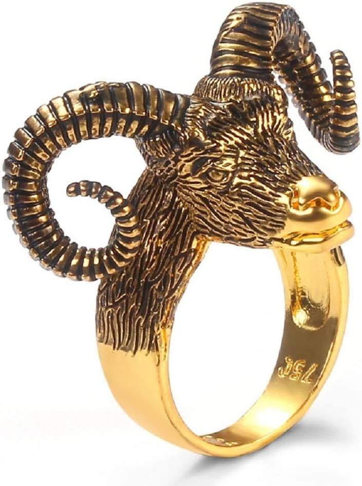 Sheep Goat Head Ring for Men, Retro Skull Horn Ring, Vintage Goat Skull