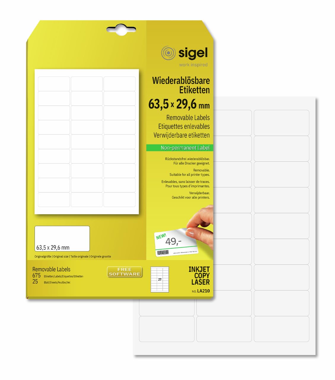 SIGEL LA210 Universal Removable Labels, 6.35 x 2.96 cm, 675 lbl equal to 25 sheets, White