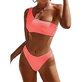 Limeeke Women One Shoulder Bikini Set Ribbed Textured Two Piece Swimsuit High Cut Cheeky Bathing Suit