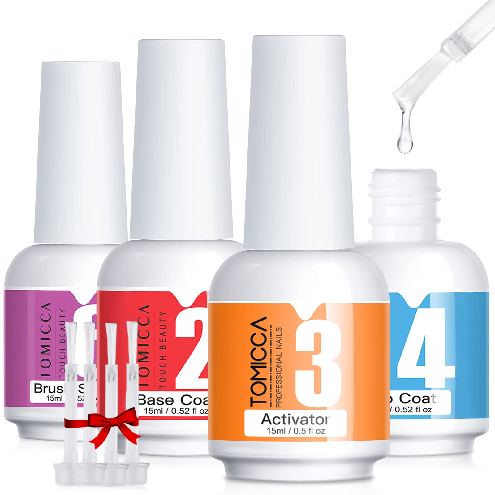 TOMICCA Dipping Powder Liquid Set, 4x15ml Base Coat, Top Coat, Activator, Brush Saver for Dip Powder Nail Kit, No Need Cure, Essential Dip Liquid Set for DIY Nail Art