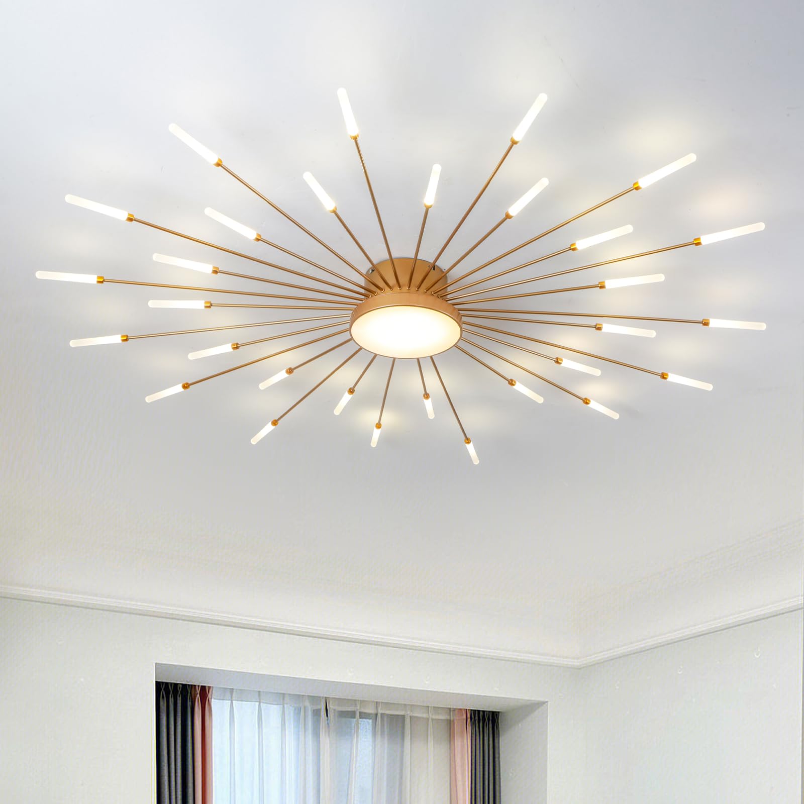 RRBEST Modern LED Ceiling Light,Creative Fireworks Design Chandelier,Living Room Ceiling Lamp,Flush Mount Lighting for Exhibition Hall Bedroom Restaurant Children's Room Lighting (Gold,30+1 Heads)