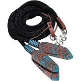 Showman 8' Round Braided Nylon Split Reins w/Teal Painted Feather Poppers