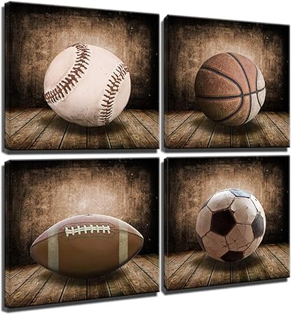 Rustic Soccer Football Baseball Basketball On Vintage Wood Grain
