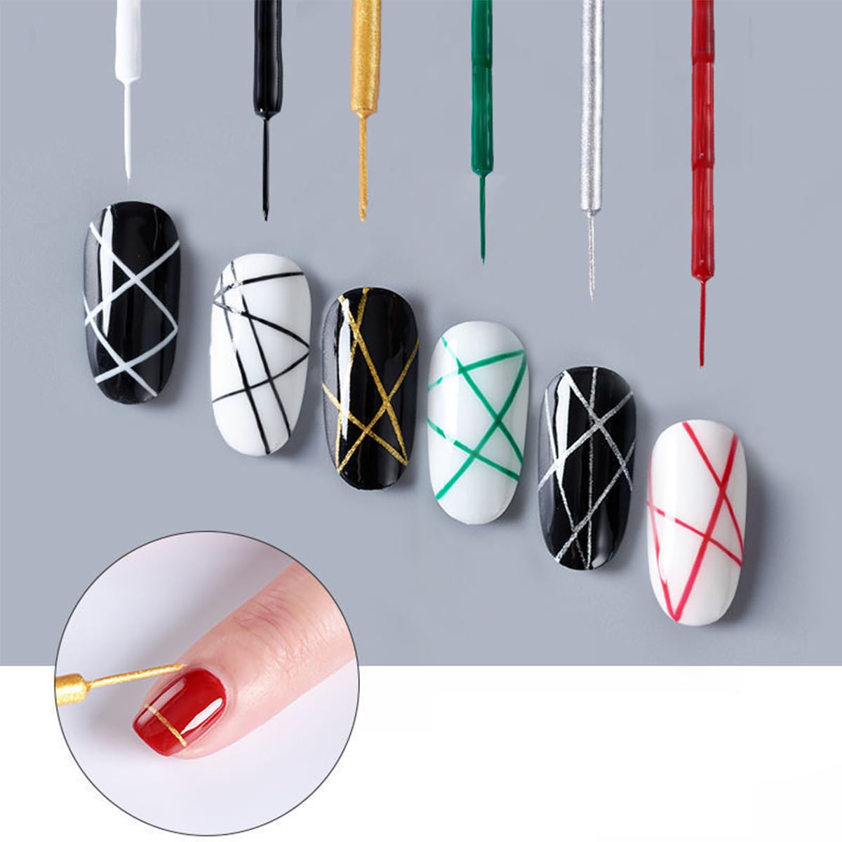 Fcozpjk Nail Art Liner Gel Polish Set, 12 Colors Kit With Neon Pink Green Painting and Thin Brush, Soak off Black White Drawing for French Tips, Wave Swirls Nail Design