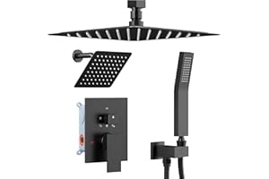 Shower Systems Shower Faucet Sets Matte Black, STARBATH 12+6" Dual Rain Shower Head with Handheld Spray for Two People, Ceiling Mount 3 Way Rainfall Shower Valve with 5 Diverter and Trim Kit Complete