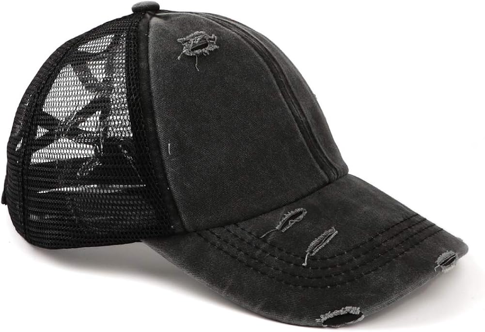 Womens Criss Cross Ponycap Distressed Messy High Bun Ponytail Baseball Cap Vintage Unconstructed Dad Hat Black at  Women’s Clothing store