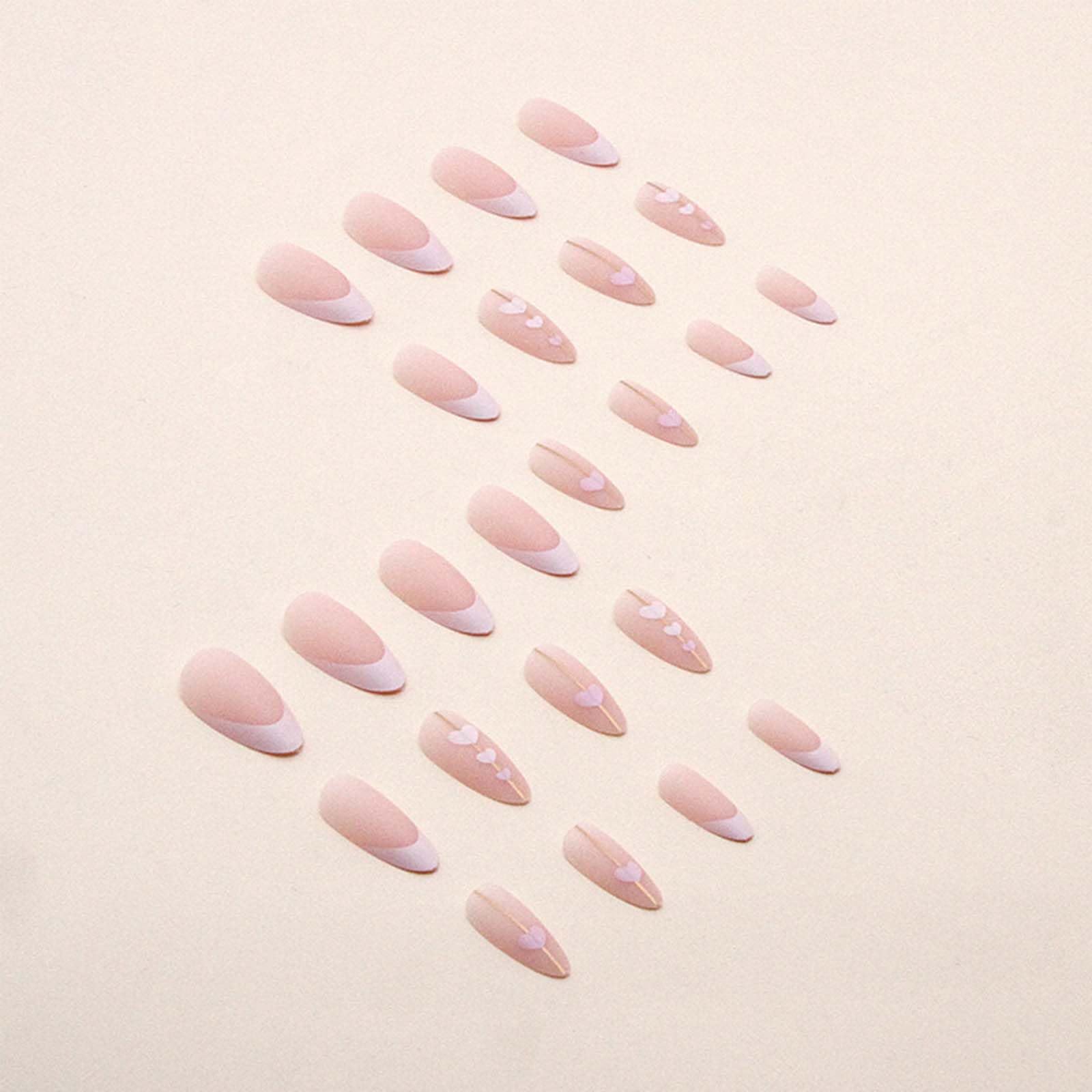 Medium Press on Nails Almond Fake Nails Pink French Tip False Nails with Heart Design Cute Acrylic Nails Full Cover Artificial Nails Glue on Nails Stick on Nails for Women Manicure 24Pcs - Image 3