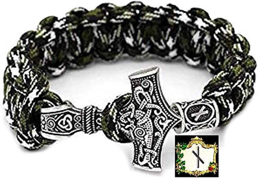 Nauthiz rune, military paracord bracelet colourful green camouflage outdoor, Viking Thor hammer antique silver, 100 % handmade, 25 cm circumference, no.15