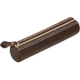 ECHSRT Small Pencil Pouch-Genuine Full-Grain Leather Pencil Case for Men- Vintage Leather Pouch for Adults-Stationery Organizer Bag for Work & Travel-Cylinder-Coffee