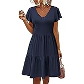 AIMITAG Summer Casual Dress Short Sleeve Tiered Dress for Women Flutter Sleeve Ruffle Hem V Neck Mini Dresses with Pockets