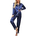 Ekouaer Women's Classic Button Down Long Satin Silk Pajama Set