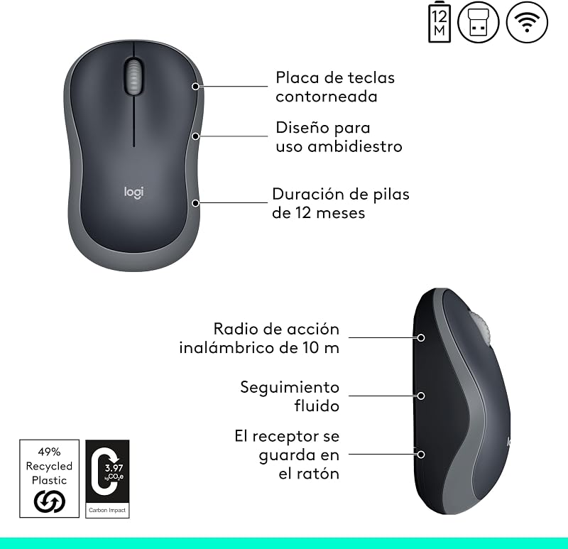 Mouse sem fio logitech m185, 2,4 ghz com receptor mini usb, bateria de 12 meses, rastreamento óptico com resolução de 1000 dpi, ambidestro, compatível com pc, mac, laptop - cinza