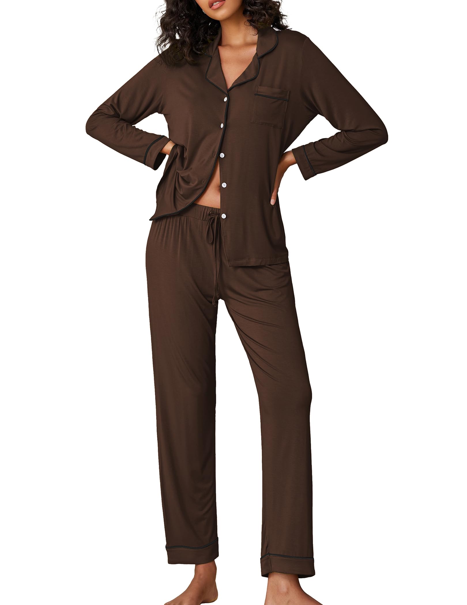 Photo 1 of Ekouaer Pajamas Women's Long Sleeve Sleepwear Soft Button Down Loungewear Pjs Lounge Set Nightwear,Coffee,Small