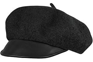 TopTie Vintage Newsboy Cap Faux Leather Brim & Wool Beret Adjustable Fit for Men & Women