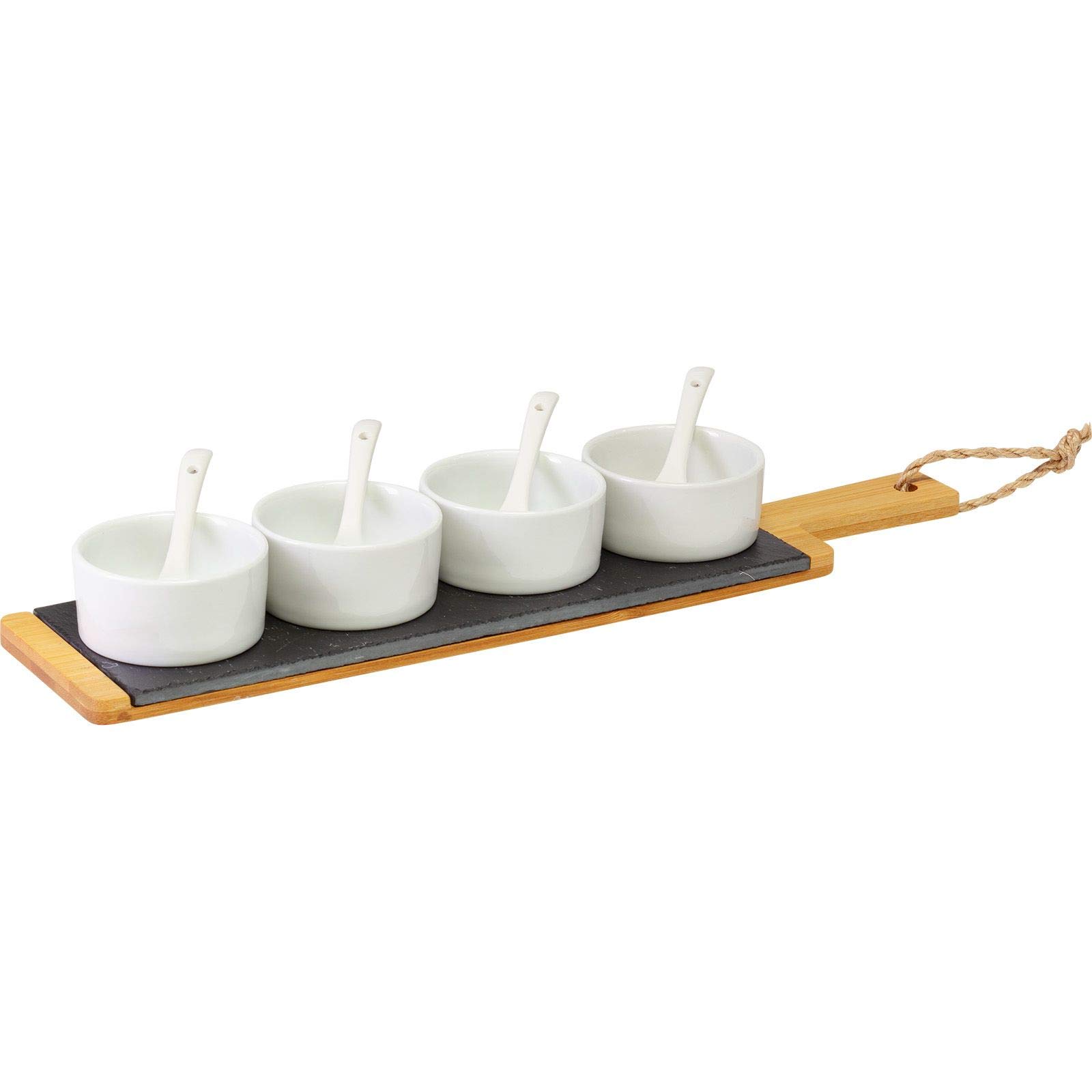 Westmark serving set, 9 pcs, 1 bamboo slate plate + 4 bowls + 4 spoons, slate/bamboo/ceramic, Tapas + Friends, anthracite/light brown/white, 69662260