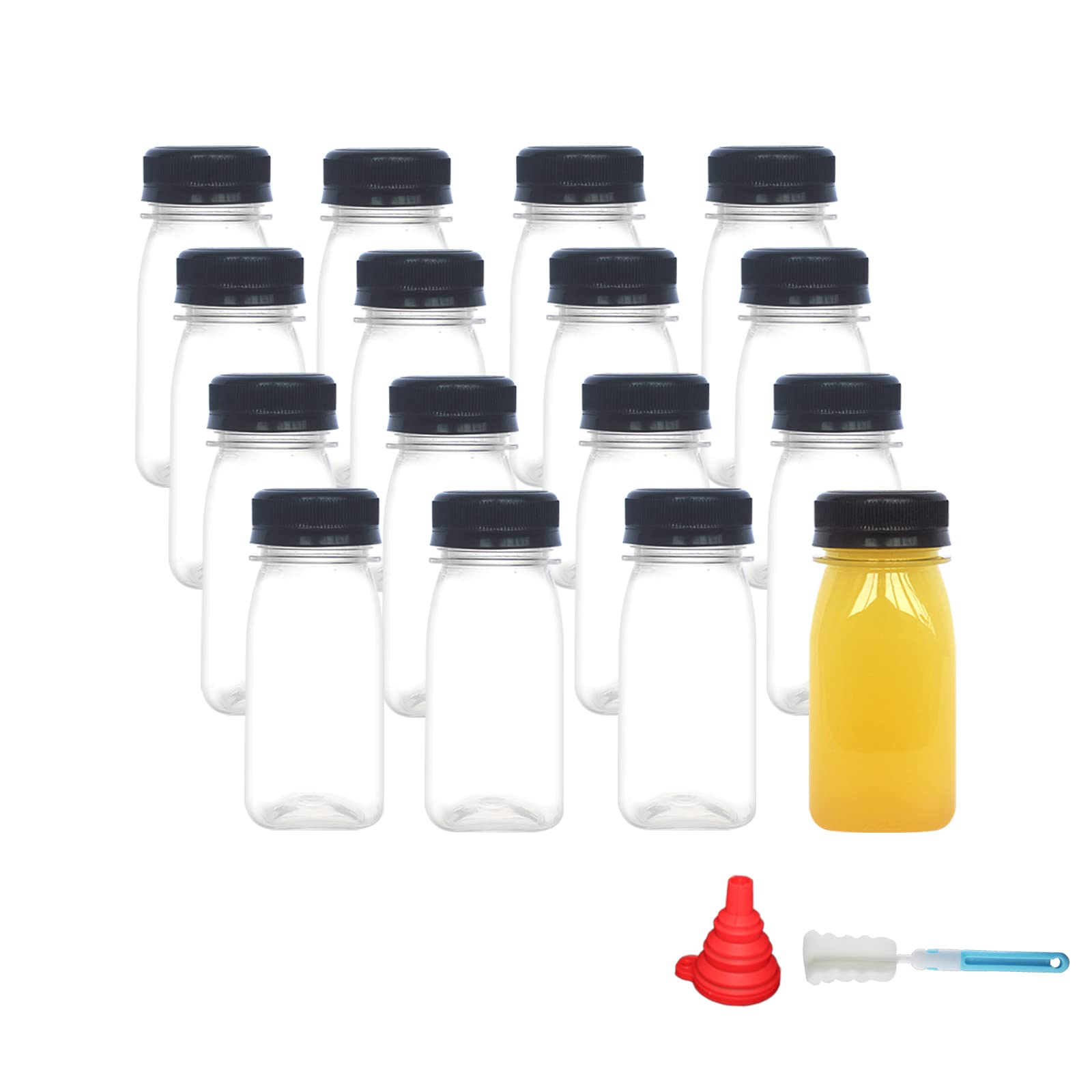 ZMCYN 16 Pack 4oz Mini Plastic Juice Bottles with Black Lids, Funnel, Brush, Empty Reusable Smoothie Bottles with Tamper Proof Lids, Milk, Drinks
