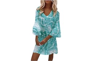 SGASY Dress for Women, Casual 3/4 Sleeve V Neck Floral Mini Dress 2023 Summer Vintage Spliced Loose Tunic Dresses