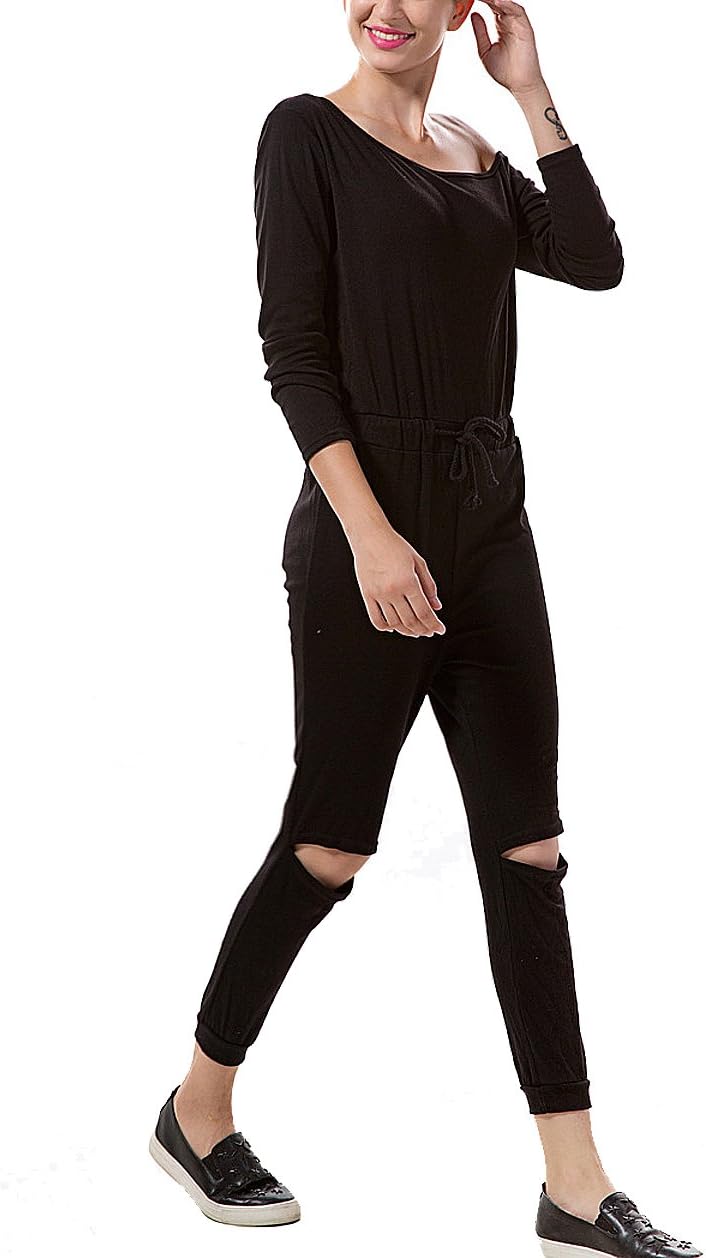 Aro Lora Women's One-Shoulder Casual Wear Ripped Sport Jumpsuits Rompers Small Black