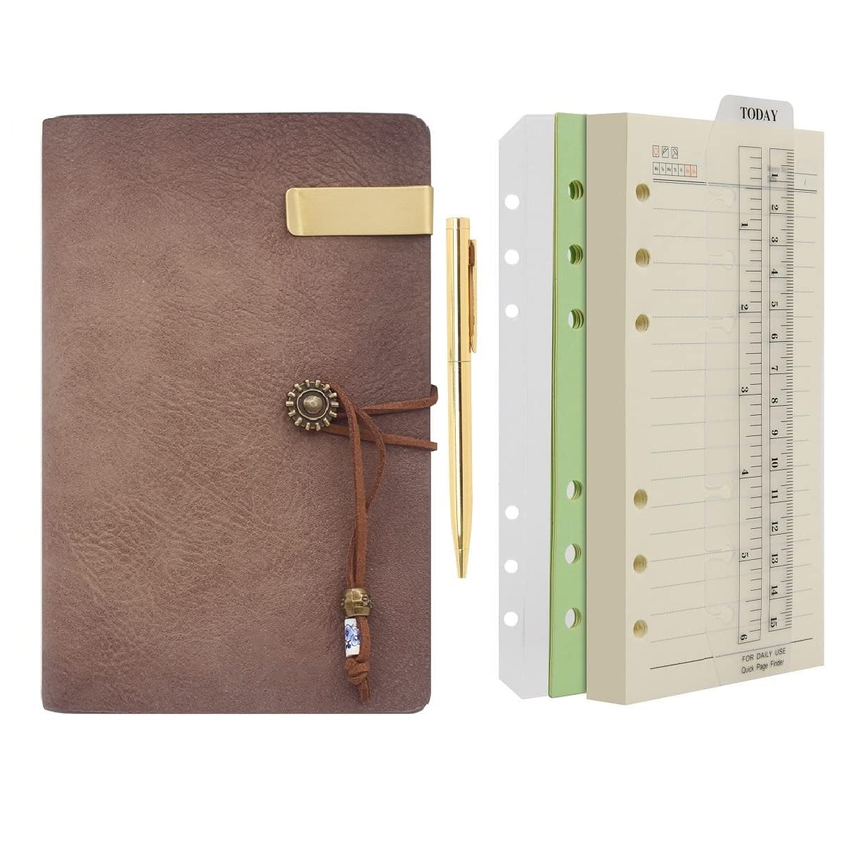 WONDERPOOL A6 Leather Diary Lined Paper Notebook & Pen - Refillable 6 Ring Binder Writing Spiral journal for Office Travel Work and Plan Agenda (a-Maroonpink, A6)