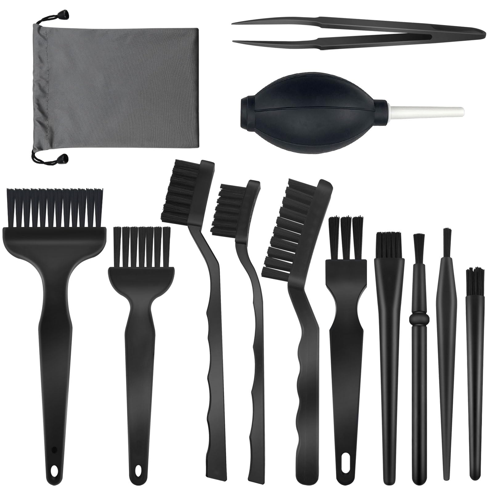 13Pcs ESD Safe Anti Static Brush Set Keyboard Brushes PC Cleaning Tool Kit with Tweezers, Air Blower and Storage Bag for PC Phone Tablet PCB BGA Cameras Printer Repair Work