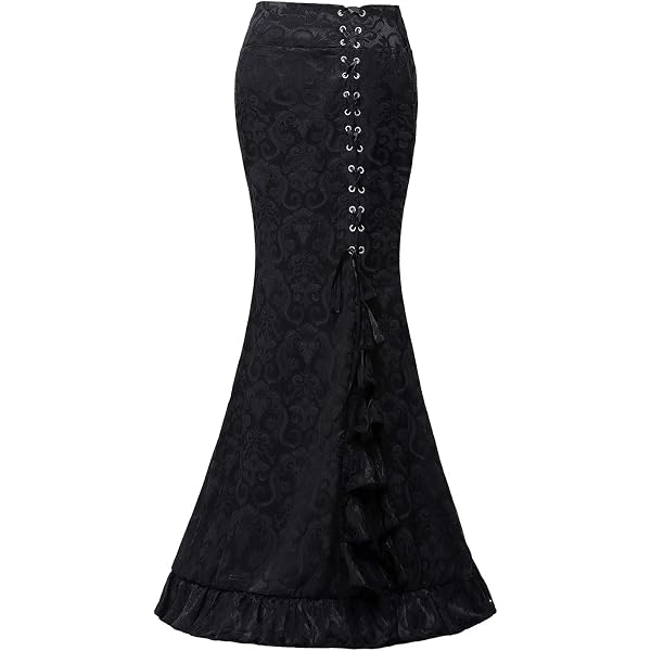 Dayiss Women's Victorian Gothic Mermaid Skirt - High Waist, Lace-Up, Ruffled Fishtail Maxi Skirt