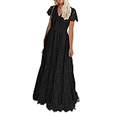 MEROKEETY Women's 2026 V Neck Short Sleeve Floral Lace Wedding Dress A Line Boho Bridesmaid Cocktail Party Maxi Dress