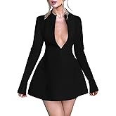 YMDUCH Women's Sexy Long Sleeve Deep V Neck A-Line Mini Party Cocktail Dress