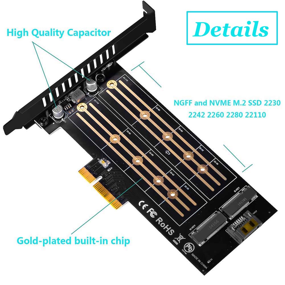 Dual M.2 PCIe Adapter, M.2 NVME SSD (M Key) or M.2 SATA SSD (B Key) 22110 2280 2260 2242 2230 to PCI-e 3.0 x4 Host Controller Expansion Card with SSD Fan Cooler Heatsink for PC Desktop,Black