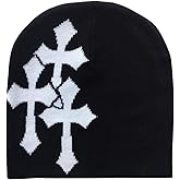 Y2K Beanie for Men Women Cross Graphic Knitted Hat, Slouchy Winter Warm Cap, Grunge Goth Cyber Aesthetics, Black