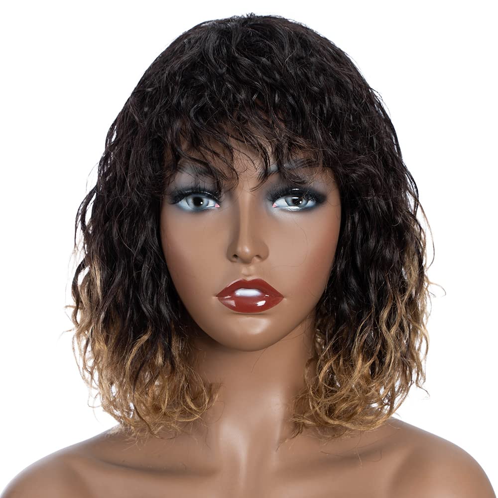 FASHION IDOL Bob Curly Human Hair Wig for Black Women 10 Inches Brazilian Virgin Human Hair Short Deep Water Wavy Wig with Bangs 150% Desity Ombre Gold(10 Inch, Gold)
