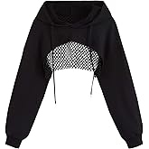 Remidoo Womens Cropped Hoodie Fishnet Long Sleeve Crop Top Hollow Out Drawstring Sweatshirt