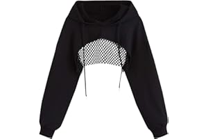 Remidoo Womens Cropped Hoodie Fishnet Long Sleeve Crop Top Hollow Out Drawstring Sweatshirt