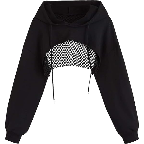 トップス short long sleeves mesh hoodie SHENHE Women's Fishnet Long Sleeve Drawstring High Low