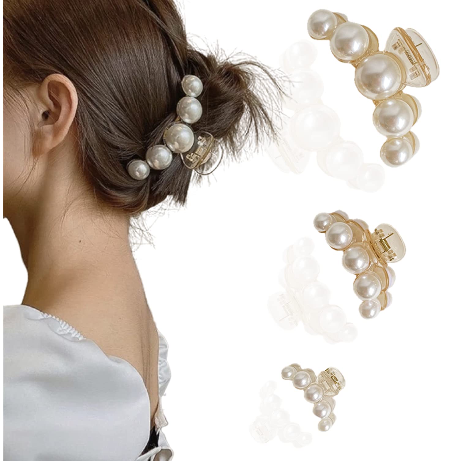 Pearl Claw Clips for Women, Large Hair Grip, Big Clips for Thick/Fine Hair, Pearl Slide Hairdressing Clips Long Hair Accessories for Women/Girl(3 pcs,3 Size)