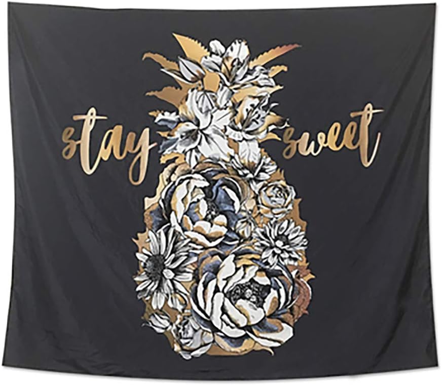 Cheerhunting Pineapple Tapestry, Gold Pineapple with Flowers, Wall Hanging Silky Fabric Tapestry 80"W by 60"H for Bedroom Décor, Black Gold
