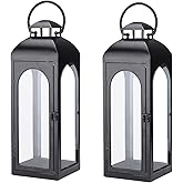 Bdor 2 Pack Large Luxury Lantern Decorative Tall 20 Inches Black Metal Hurricane Lanterns with Tempered Glass Panels for Fron