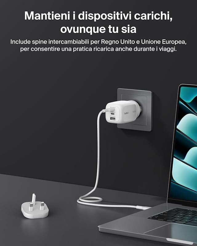 Caricatore da muro GaN USBC a 3 porte da 100 W, 2 porte USBC e 1 porta USBA, Spine incluse per UE-UK-US, Ricarica Rapida per MacBook, iPhone, iPad Pro, Samsung Galaxy, Google Pixel - Bianco