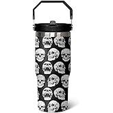 qwpmvhsak 30 oz Skull Flip Tumbler with lid and Straw,Skull CoffeeTravel Mug Cup Water Botter,Skull Gifts for Women,Goth Stuff Decor Accessories