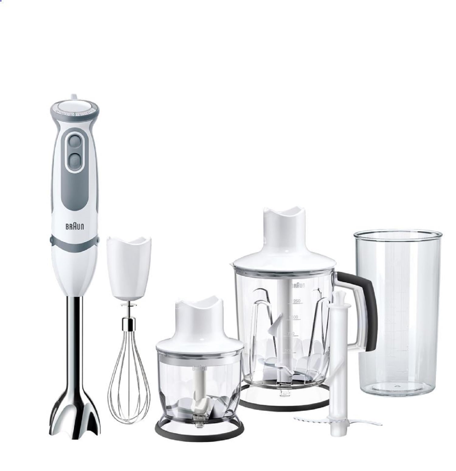 Braun Stabmixer MQ 5245WH Stabmixer – MultiQuick 5 Vario Pürierstab mit Edelstahl Mixfuß, 1000 Watt, inkl. 4-teiligem Zubehör-Set, weiß/grau